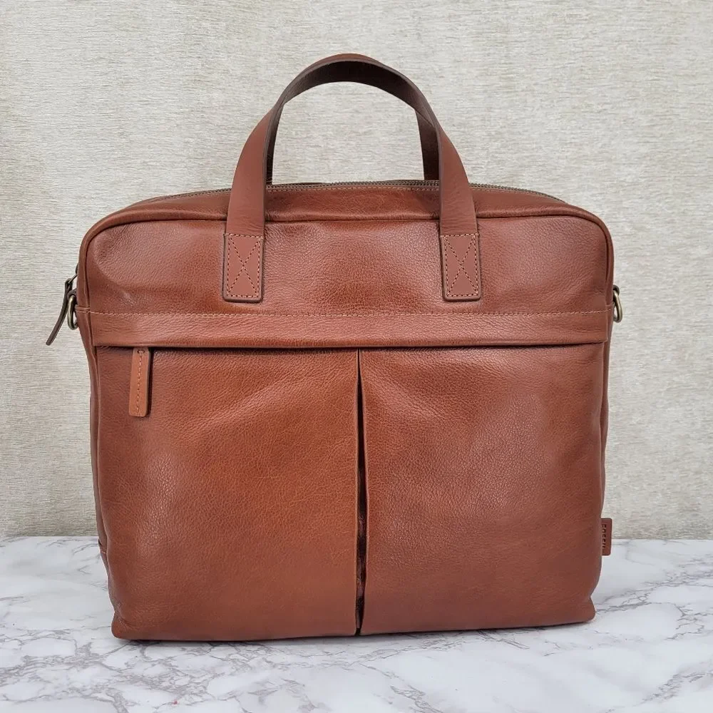 Fossil Leather Brief Workbag Cognac Breifcase Bag